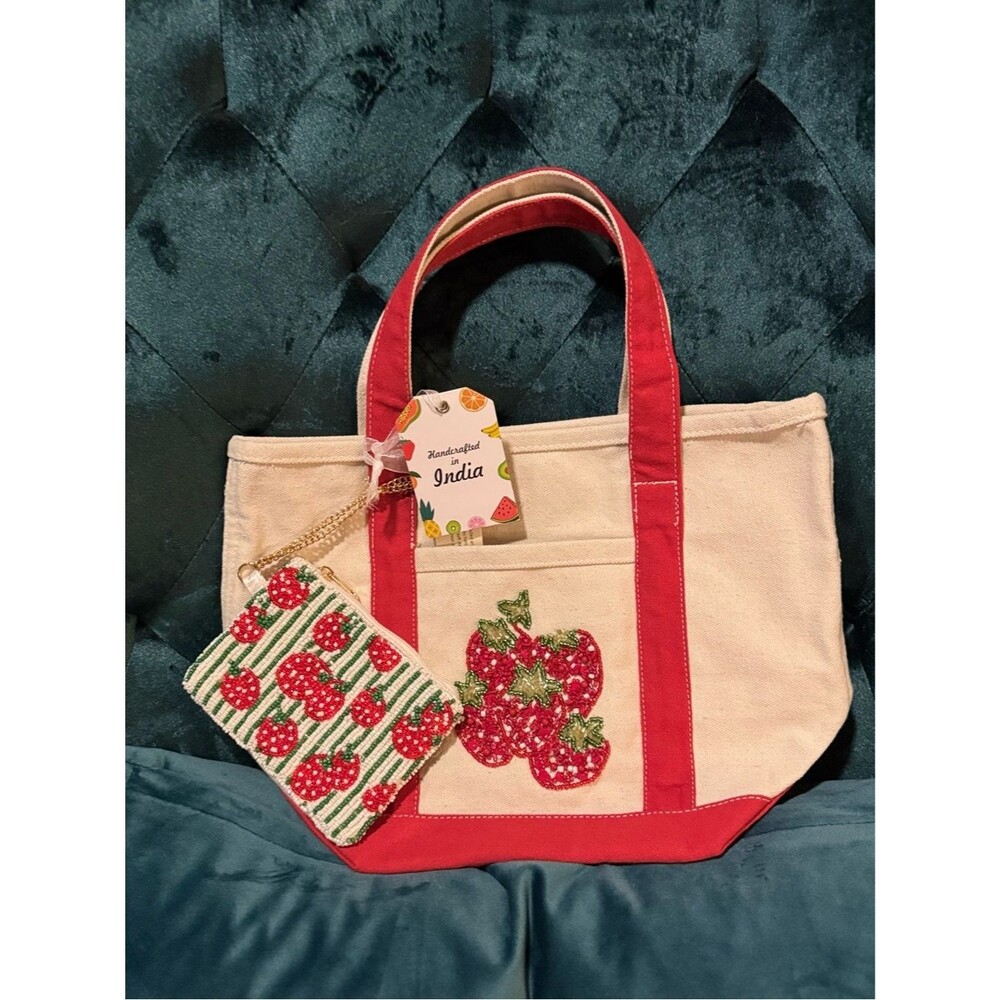 NWT Handcrafted in India Strawberry Canvas Tote & Beaded Pouch Set Red